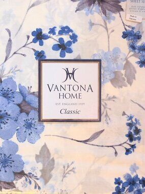 Vantona Blue Floral Bunches King Size Cotton Sheet Set Crisp Percale Cotton